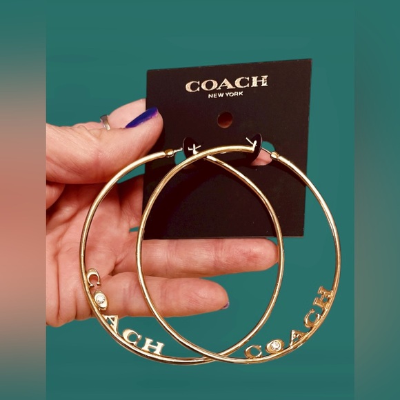 Coach Gold Logo Hoop Earrings 3” New Stocking Stuffer - Picture 11 of 11